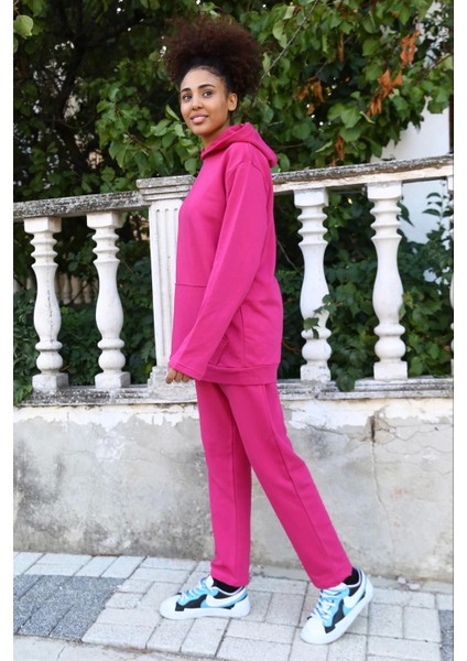 Kadın Pamuk Kapşonlu Cepli 3 Iplik Fuşya Eşofman Takım