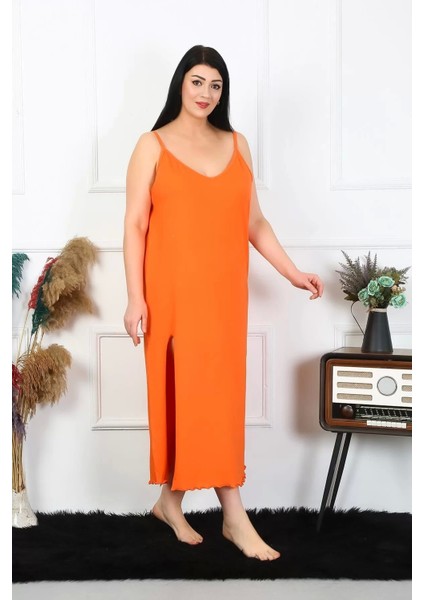 Kadın Büyük Beden Ip Askılı Pamuklu Turuncu Uzun Gecelik fırsatları