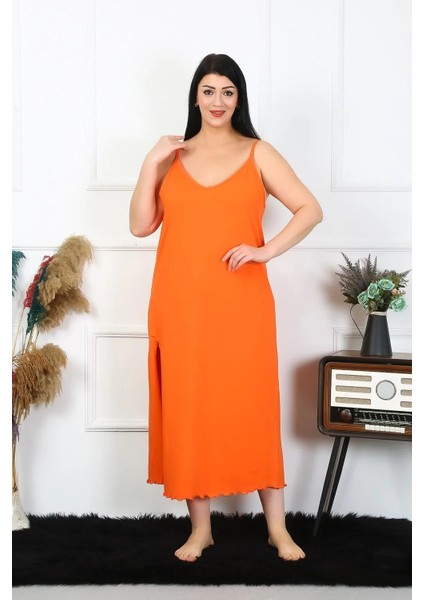 Kadın Büyük Beden Ip Askılı Pamuklu Turuncu Uzun Gecelik indirimleri