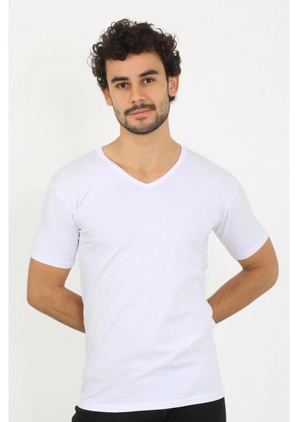 Erkek Likralı V Yaka Beyaz T-Shirt