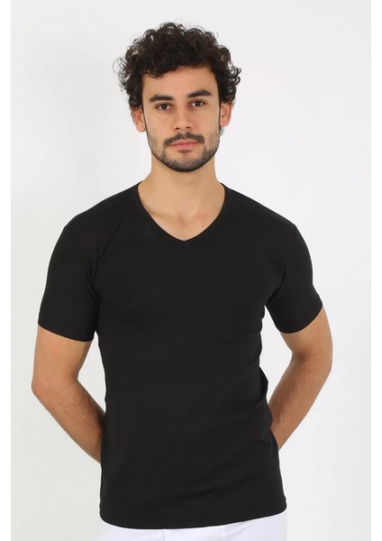 Erkek Likralı V Yaka Siyah T-Shirt