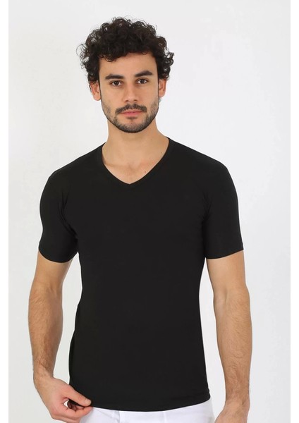 Erkek Likralı V Yaka Siyah T-Shirt