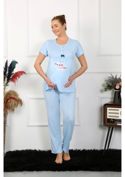 Kadın Kısa Kol Hamile Lohusa Pijama Takımı Mavi modelleri