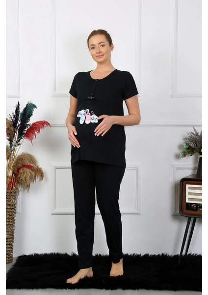 Kadın Kısa Kol Hamile Lohusa Pijama Takımı Siyah