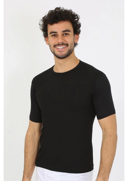 Erkek Sıfır Yaka Likralı Siyah T-Shirt fırsatları