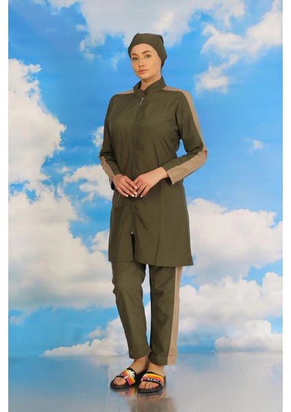 Kadın Pantolonlu Kolu Şeritli Tam Tesettür Mayo Haki
