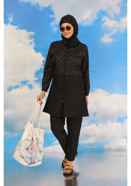 Kadın Pantolonlu Desenli Tam Tesettür Mayo Siyah modelleri