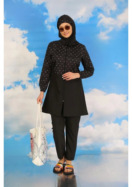 Kadın Pantolonlu Desenli Tam Tesettür Mayo Siyah