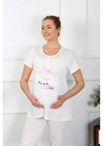 Kadın Kısa Kol Hamile Lohusa Pijama Takımı Ekru fiyatları