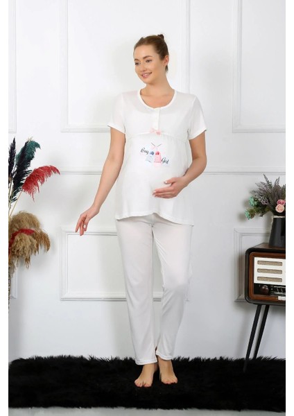 Kadın Kısa Kol Hamile Lohusa Pijama Takımı Ekru modelleri
