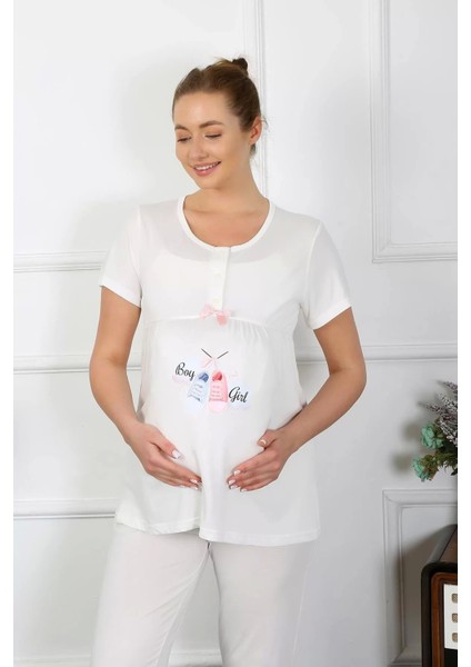 Kadın Kısa Kol Hamile Lohusa Pijama Takımı Ekru fırsatları