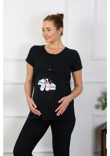 Kadın Kısa Kol Hamile Lohusa Pijama Takımı Siyah indirimleri