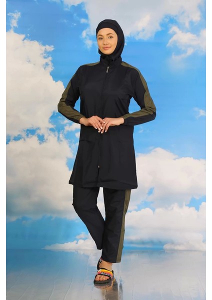 Kadın Pantolonlu Kolu Şeritli Tam Tesettür Mayo Lacivert fırsatları