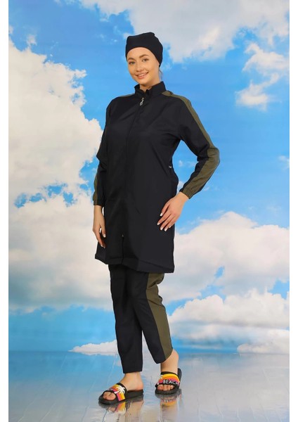 Kadın Pantolonlu Kolu Şeritli Tam Tesettür Mayo Lacivert