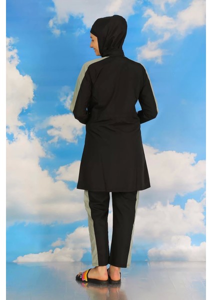 Kadın Pantolonlu Kolu Şeritli Tam Tesettür Mayo Siyah