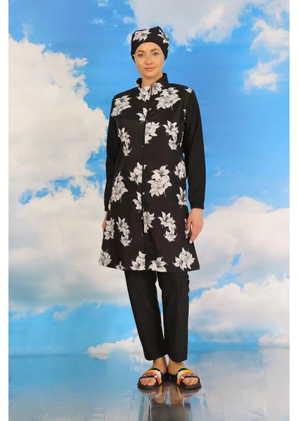 Kadın Pantolonlu Desenli Tam Tesettür Mayo Siyah
