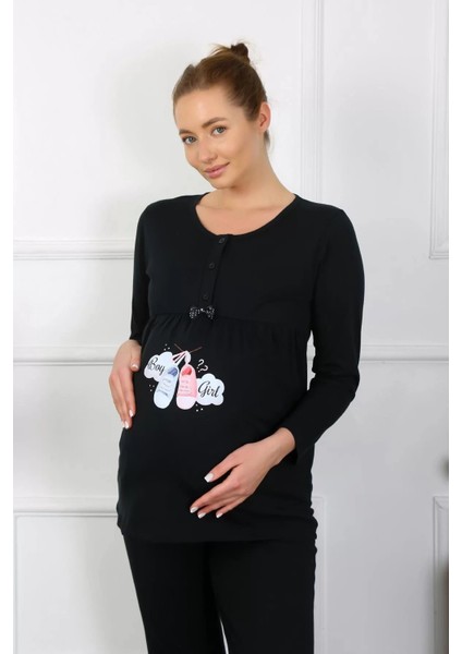 Kadın Uzun Kol Hamile Lohusa Pijama Takımı Siyah
