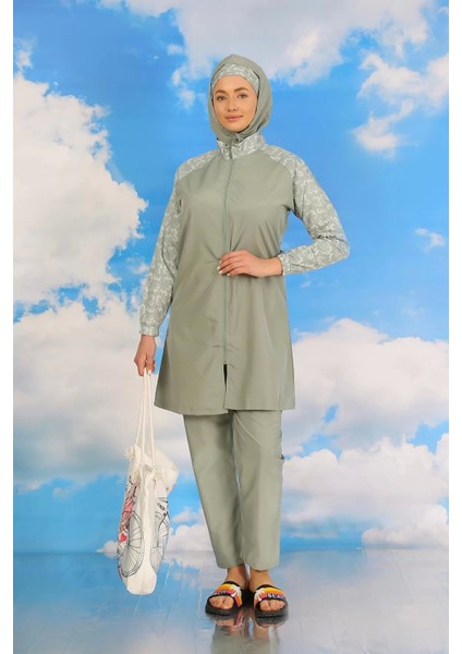 Kadın Pantolonlu Desenli Tam Tesettür Mayo Su Yeşili
