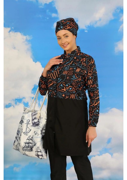 Kadın Pantolonlu Desenli Tam Tesettür Mayo Siyah modelleri