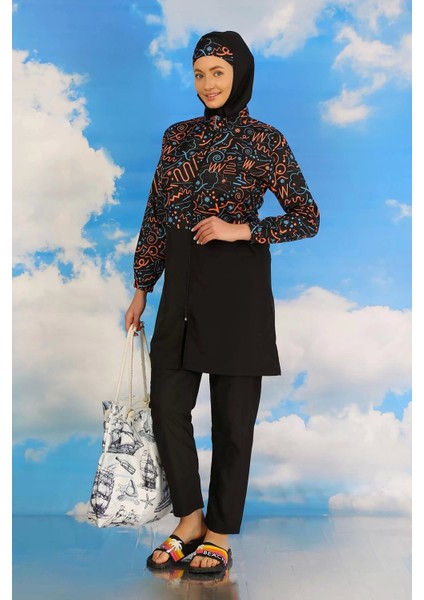 Kadın Pantolonlu Desenli Tam Tesettür Mayo Siyah