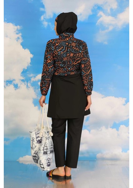 Kadın Pantolonlu Desenli Tam Tesettür Mayo Siyah