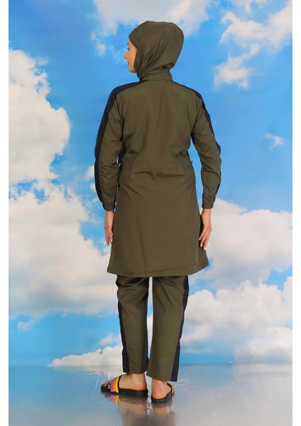 Kadın Pantolonlu Kolu Şeritli Tam Tesettür Mayo Haki indirimleri