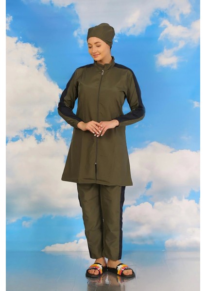 Kadın Pantolonlu Kolu Şeritli Tam Tesettür Mayo Haki