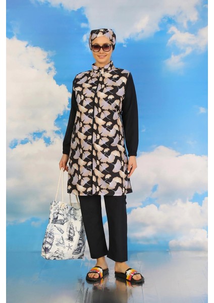 Kadın Pantolonlu Desenli Tam Tesettür Mayo Lacivert modelleri