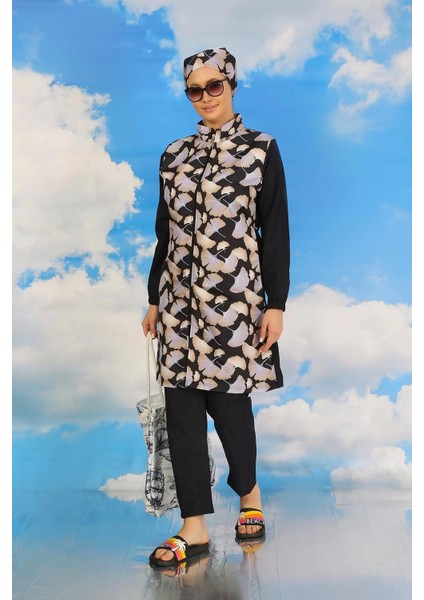 Kadın Pantolonlu Desenli Tam Tesettür Mayo Lacivert