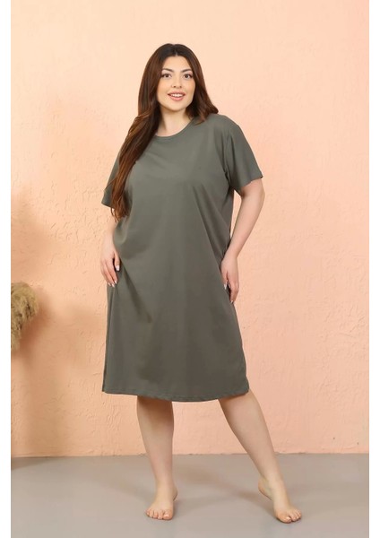 Kadın Büyük Beden Penye Kısa Kol Haki Gecelik
