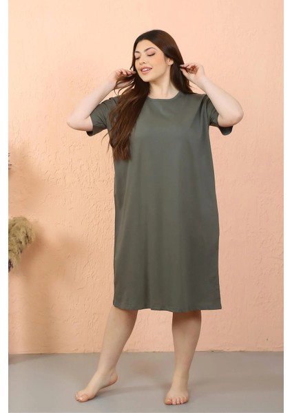 Kadın Büyük Beden Penye Kısa Kol Haki Gecelik fiyatları