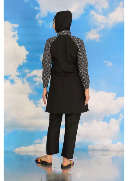 Kadın Pantolonlu Desenli Tam Tesettür Mayo Siyah