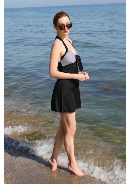 Kadın Likralı Şortlu Fiyonklu Elbise Mayo Siyah modelleri