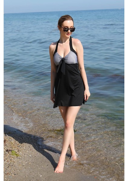 Kadın Likralı Şortlu Fiyonklu Elbise Mayo Siyah