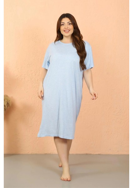 Kadın Büyük Beden Kısa Kol Buz Mavisi Gecelik