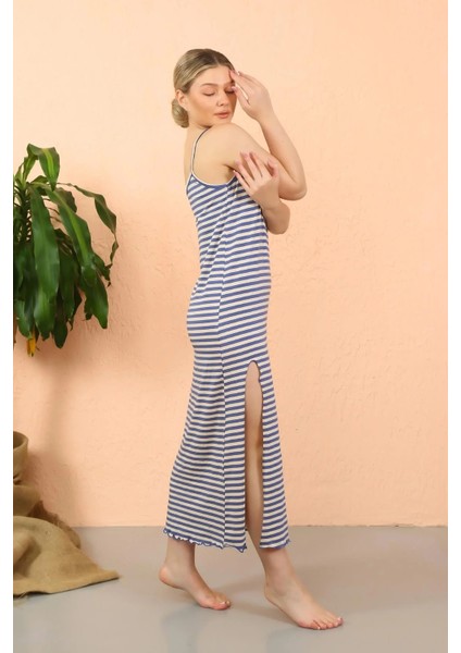 Kadın Ip Askılı Yırtmaçlı Uzun Mavi Gecelik indirimleri