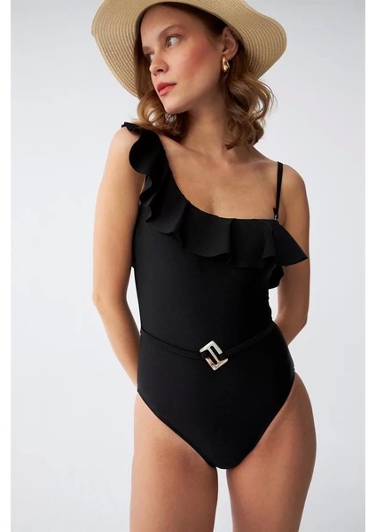 Kadın Tek Omuz Fırfırlı Mayo Siyah fiyatları