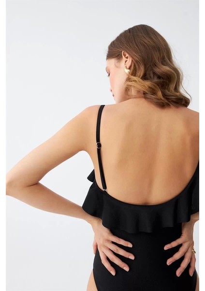 Kadın Tek Omuz Fırfırlı Mayo Siyah indirimleri
