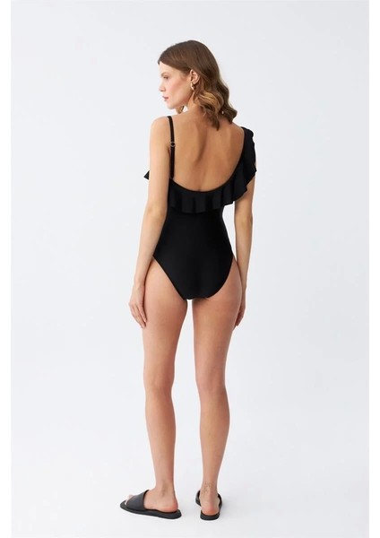 Kadın Tek Omuz Fırfırlı Mayo Siyah