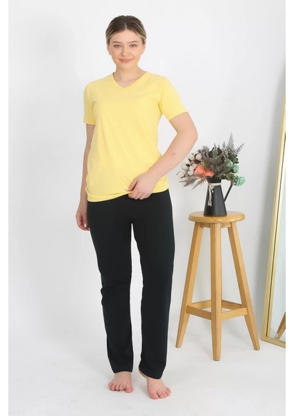 Kadın Kısa Kol Pamuk Penye Pijama Takım Sarı