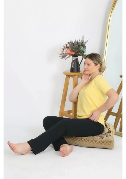 Kadın Kısa Kol Pamuk Penye Pijama Takım Sarı indirimleri