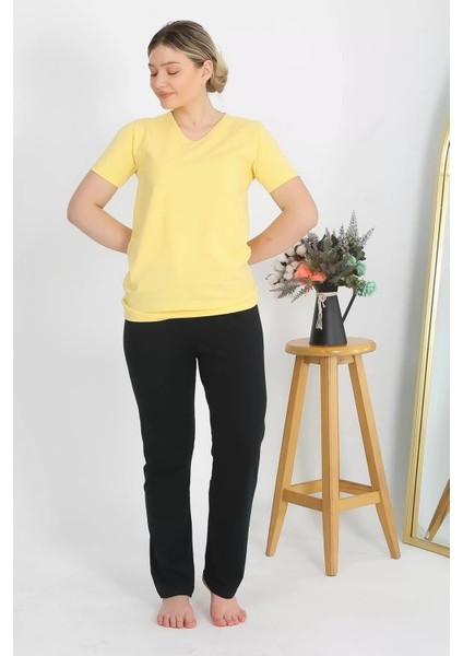 Kadın Kısa Kol Pamuk Penye Pijama Takım Sarı