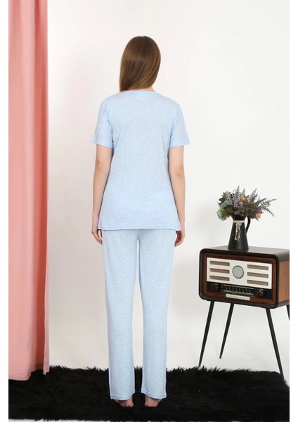 Kadın Kısa Kol Pamuk Penye Pijama Takım Mavi