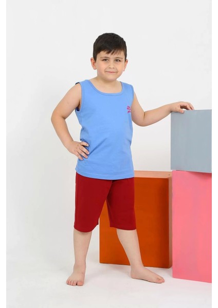 Erkek Çocuk Sıfır Kol Şortlu Mavi Penye Pijama Takımı