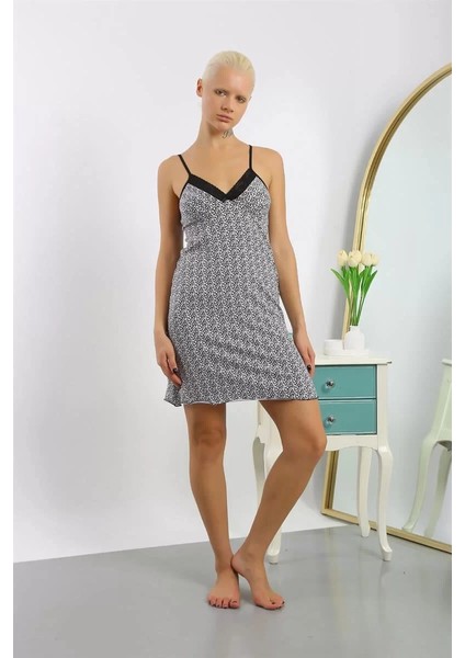 Kadın Penye Desenli Ip Askılı Gecelik