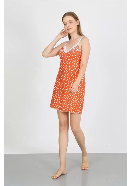 Kadın Penye Ip Askılı Beyaz Puantiyeli Gecelik Turuncu