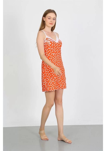 Kadın Penye Ip Askılı Beyaz Puantiyeli Gecelik Turuncu fiyatları