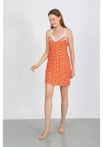 Kadın Penye Ip Askılı Beyaz Puantiyeli Gecelik Turuncu indirimleri