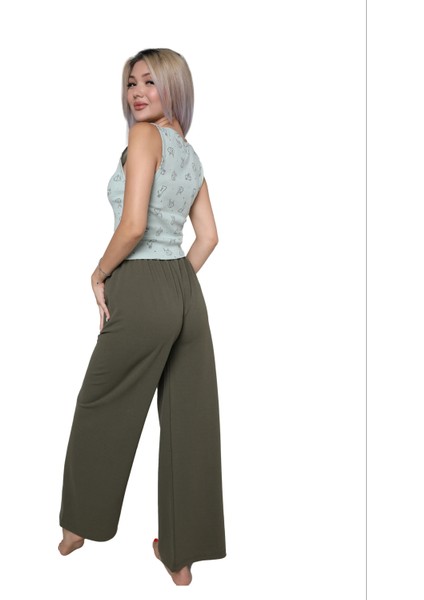 Kadın Kalın Askılı Body Bol Paça Pantolon 2`li Takım Su Yeşili modelleri