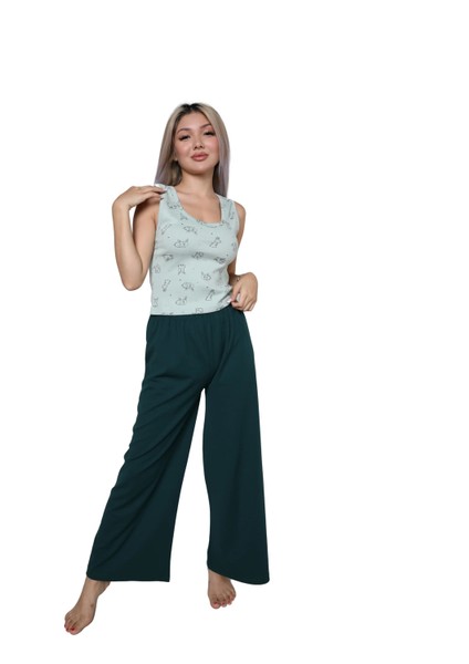 Kadın Kalın Askılı Body Bol Paça Pantolon 2`li Takım Su Yeşili